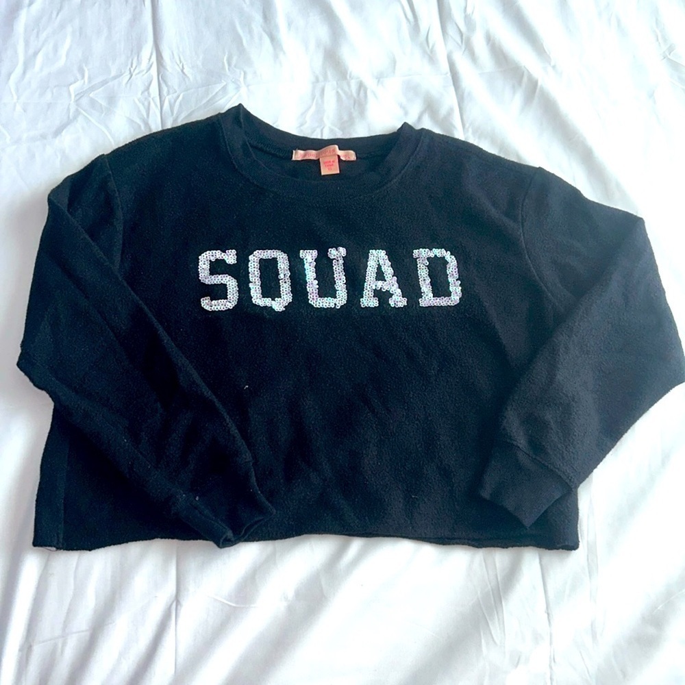 Rebellious One Black & Silver Sequin Squad Logo Cropped Black Sweater X-…